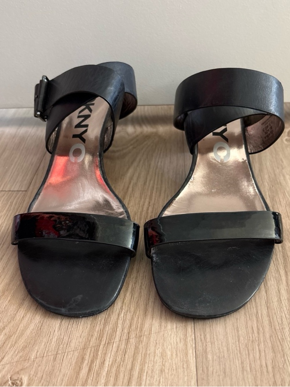 DKNYC Black Patent & Leather Two-Strap Block Heel Sandals